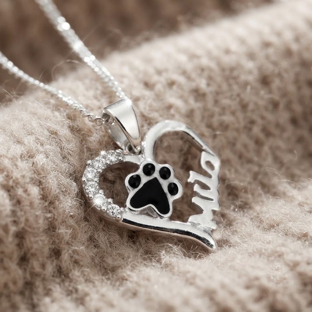 Heart necklace with dog paw print and personalized name