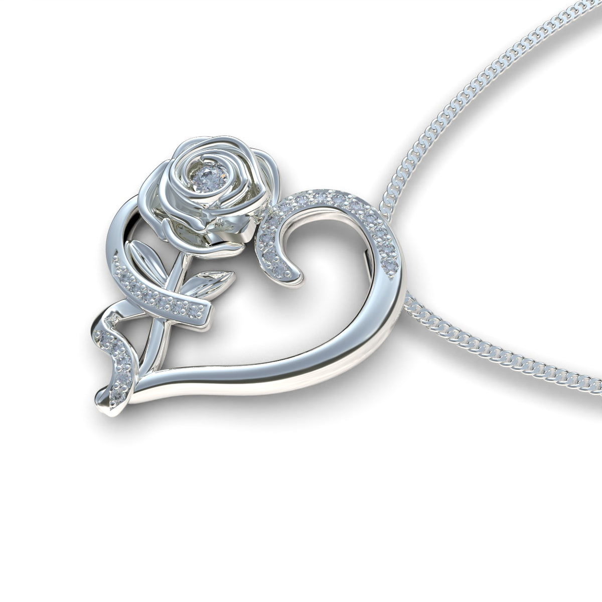 Collar de rosa y corazón en plata 950