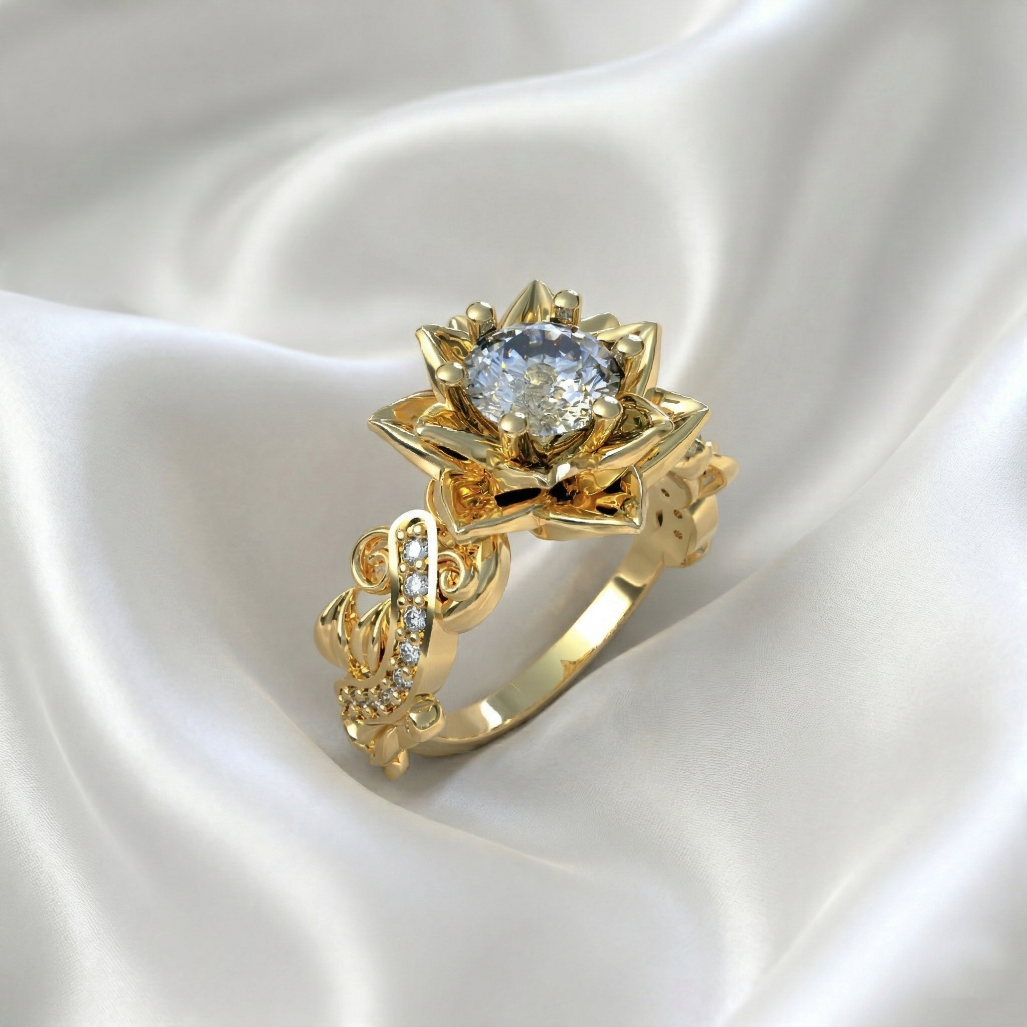 Primer plano de los pétalos artesanales del anillo flor de loto en Plata 950