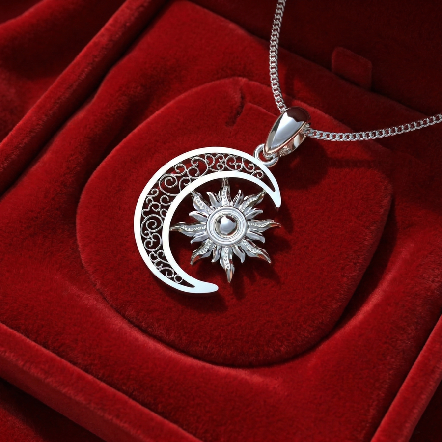 Detalle del dije Sol y Luna artesanal en Plata 950 enchapado Oro 18k — Luya Joyería Perú