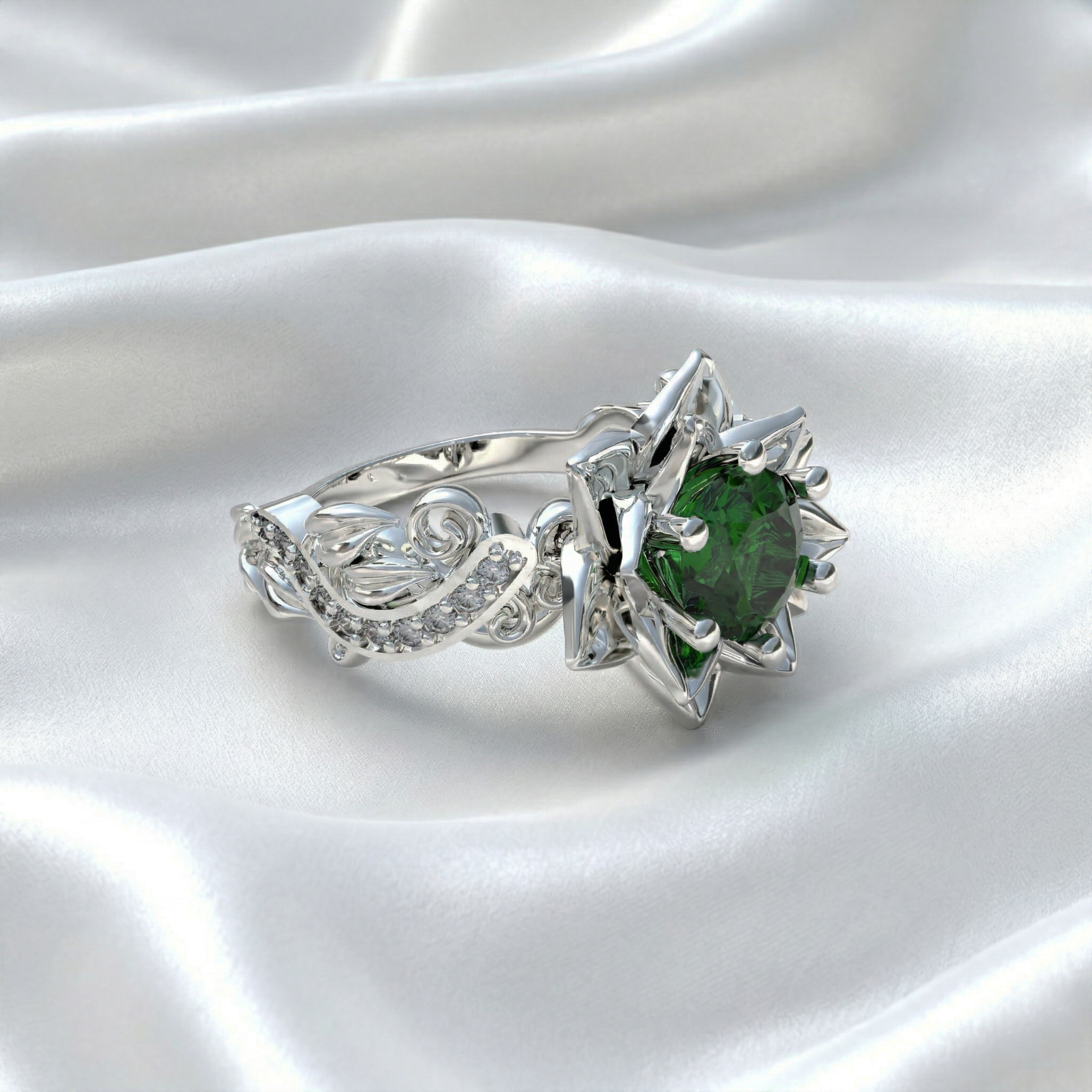 Vista lateral del anillo flor de loto Plata 950 pulida, diseño único y elegante