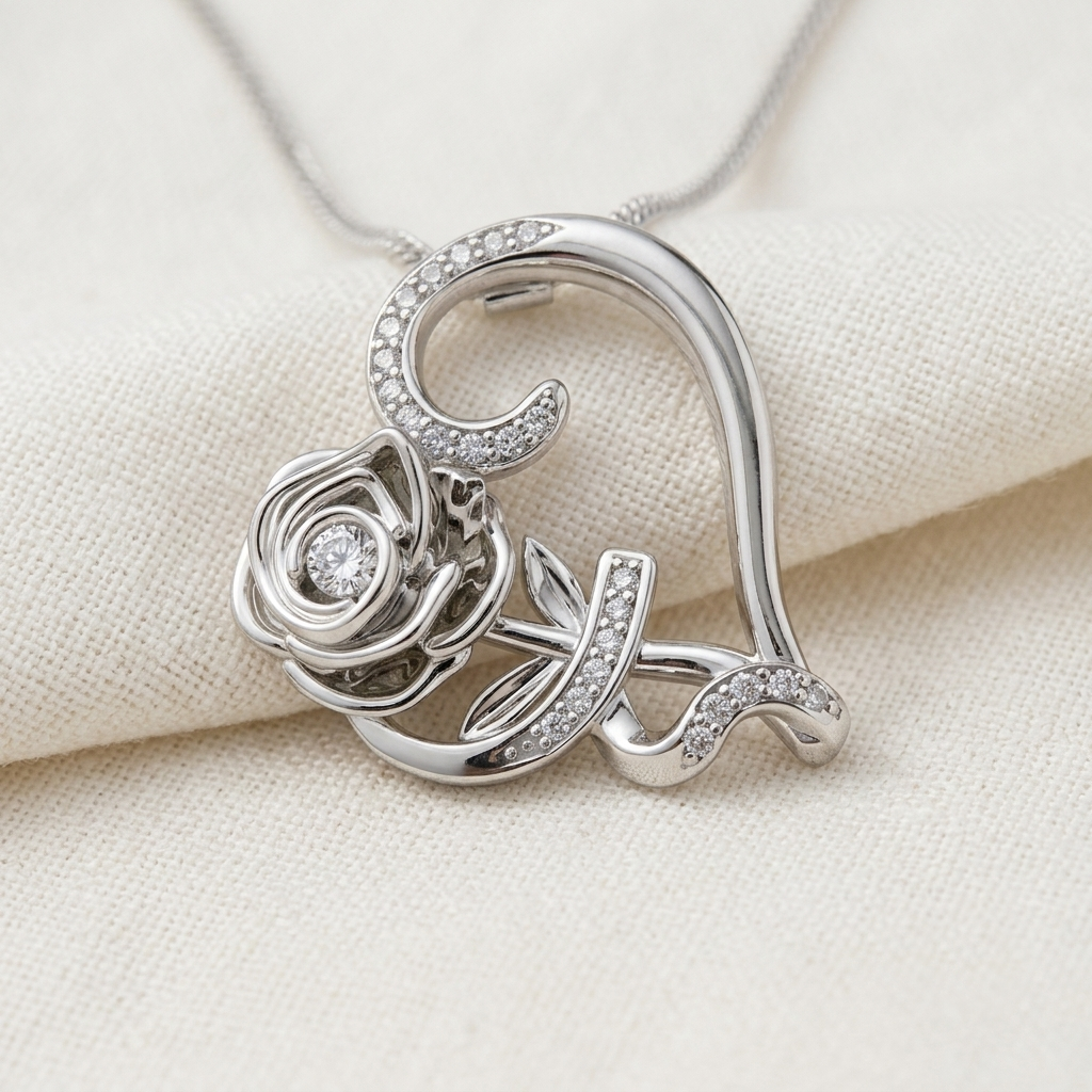 Collar de Rosa Corazón en Plata Ley 950