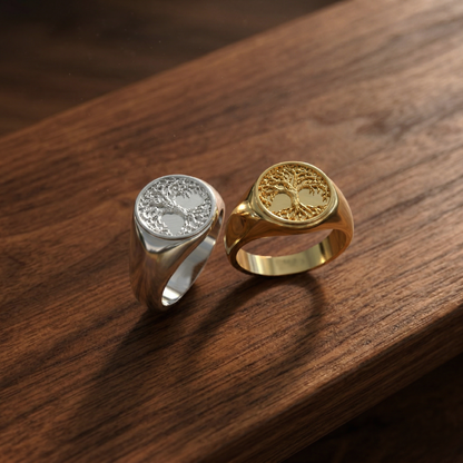 Detalle del grabado artesanal del anillo Árbol de la Vida Plata 950 — Luya Joyería Perú