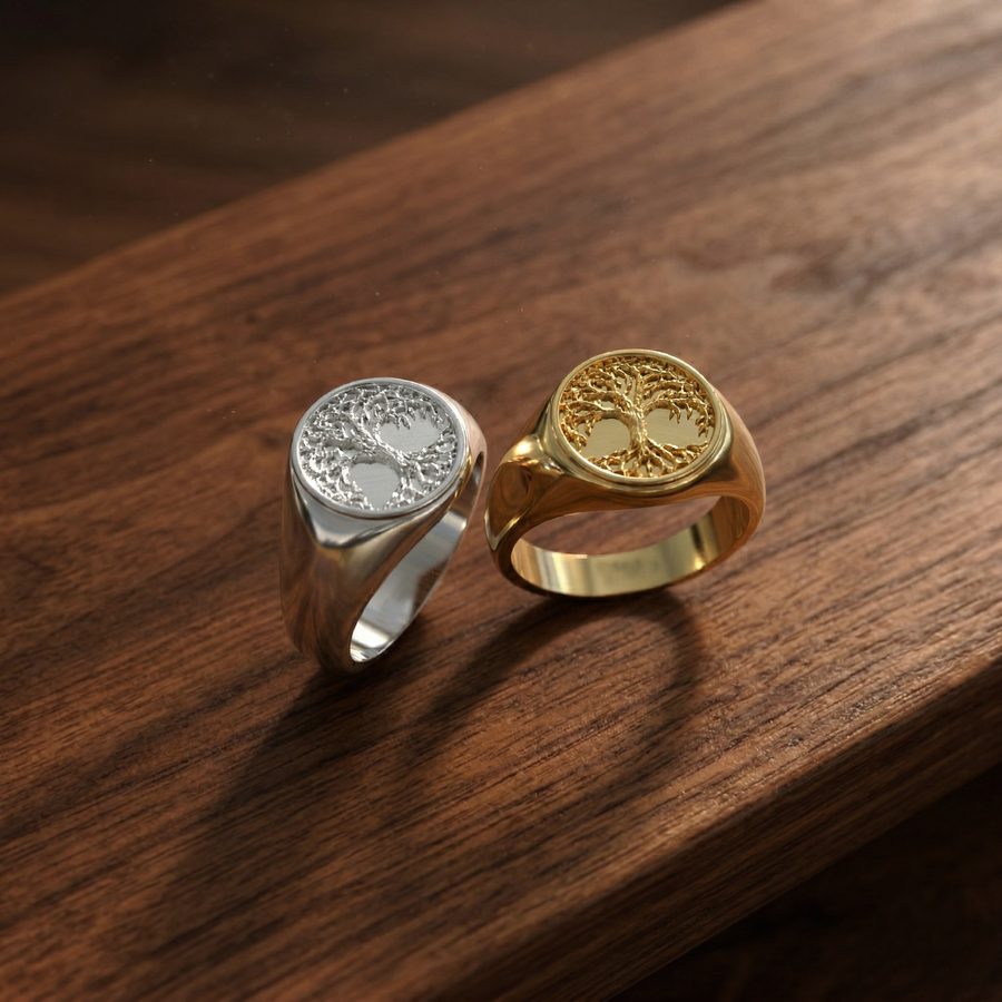 Detalle del grabado artesanal del anillo Árbol de la Vida Plata 950 — Luya Joyería Perú