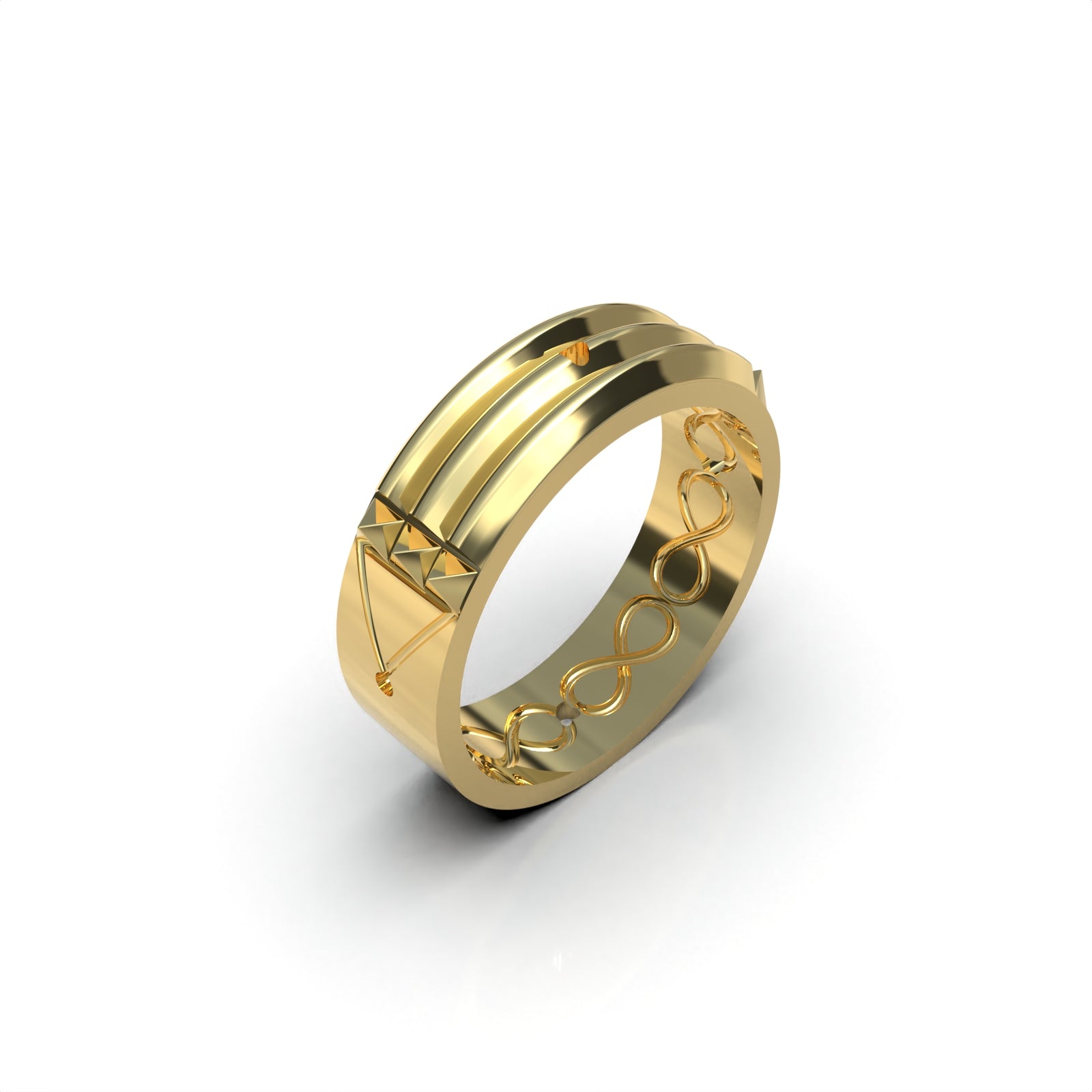 Anillo Atlante en Plata 950 sobre fondo oscuro, detalle de grabados geométricos artesanales, Luya Joyería Perú