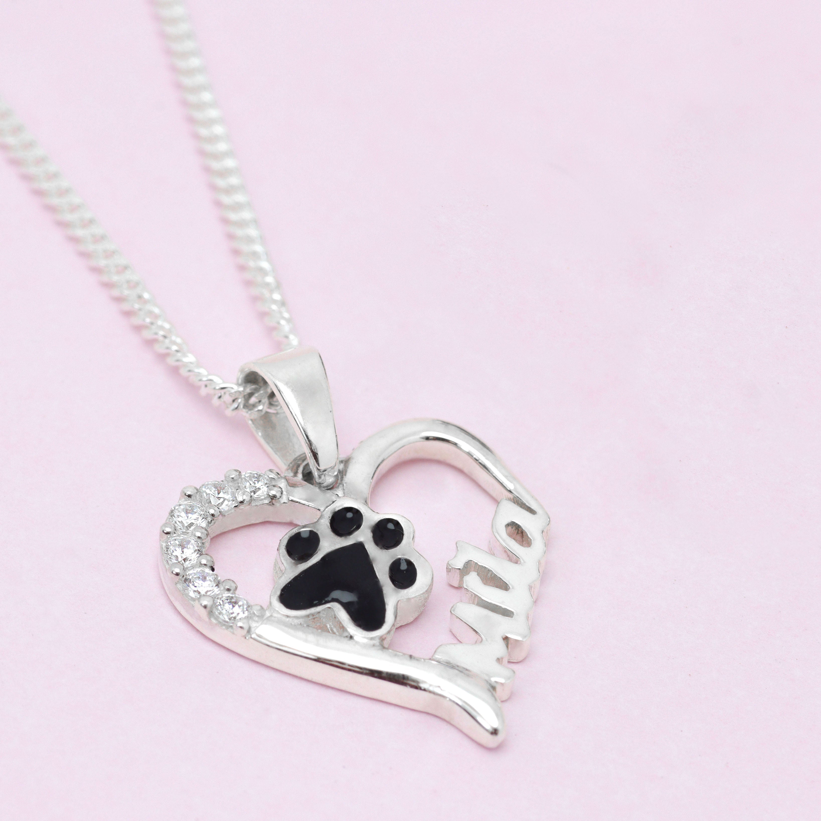 Heart necklace with dog paw print and personalized name